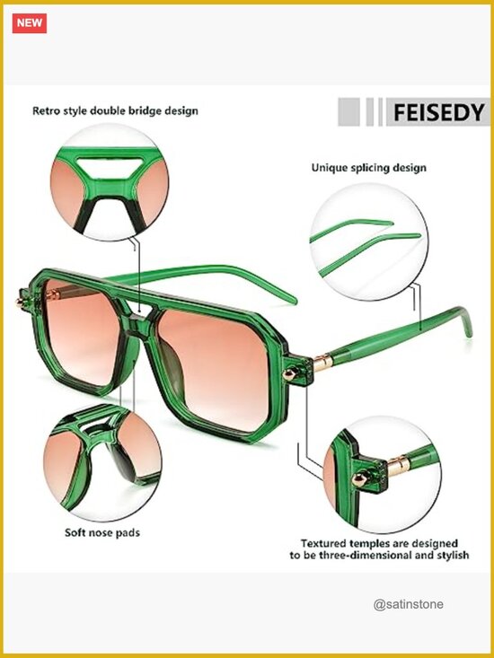 Retro 70s Square Aviator Sunglasses UV400 Protection Double Bridge Plastic Frame
